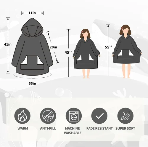 Miniatura 6 de Touchat Manta con capucha, sudadera de sherpa de gran tamaño con bolsillo y mangas para capucha, manta de felpa súper suave y cálida para niños, Azul