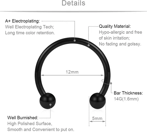 Miniatura 2 de SCERRING 8 piezas de acero inoxidable 16G nariz tabique herradura arete ceja septum labio hélix tragus piercing anillo 0.236-0.472 in
