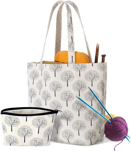 Yarwo Bolsa de Tejer con Pequeña Bolsa con Cremallera, Bolsa de Hilo para Agujas de Tejer, Madejas de Hilo y Suministros de Tejer Para Llevar, Árbol