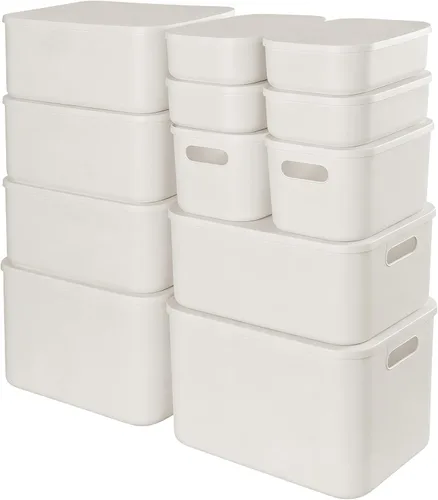 Miniatura 12 de ANMINY 12 contenedores de plástico con tapas, grandes cajas de almacenamiento blancas para organización, cestas de almacenamiento de plástico