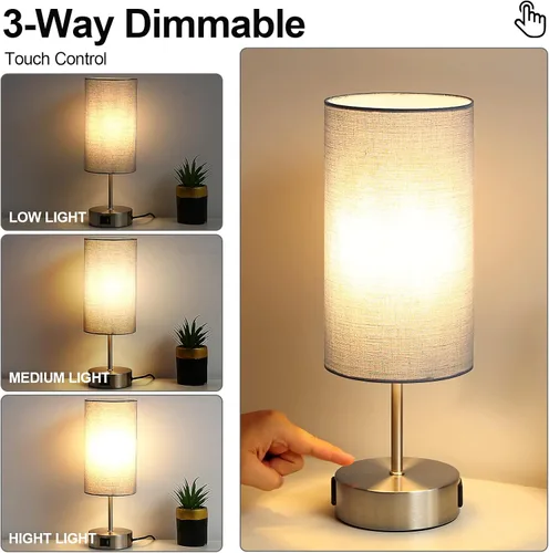 Miniatura 4 de Yarra-Decor Lámpara de noche mejorada con puertos de carga USB A+C y salida de CA, lámpara de mesa de control táctil para dormitorio, lámpara de Gris