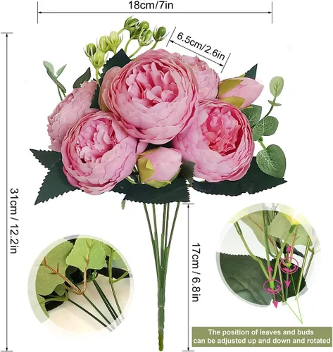 Miniatura 3 de 4 racimos de flores artificiales de peonías de seda de 20 cabezas, flores falsas para decoración del hogar, ventana, boda, fiesta (rosa), jarrón