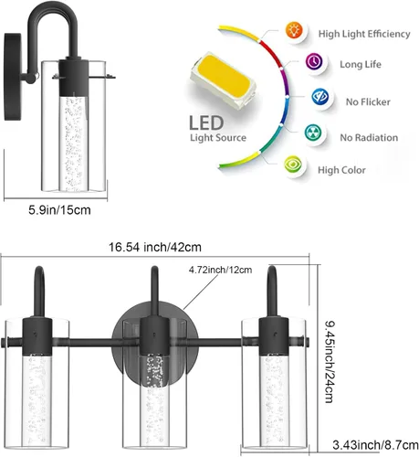 Miniatura 7 de Aipsun Lámparas de baño, luces negras de tocador con cristal de burbujas, 3 luces LED modernas, accesorios de iluminación de pared de baño sobre