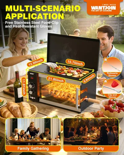 Miniatura 7 de WantJoin Horno asador eléctrico - Horno asador 3 en 1 de 37 cuartos de galón, pinchos dobles, rejilla para asar, calefacción de rotación automática