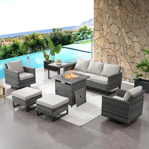 Miniatura 46 de HUMMUH Juego de 2 sillas giratorias para patio, mimbre de polietileno, para exteriores, bistró, porche, balcón, muebles con cojines Gris/gris