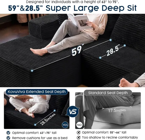Miniatura 4 de Sofá modular negro de 108 pulgadas con otomana, sofá en forma de U en forma de nube para sala de estar, no necesita montaje, tela de pana de felpa