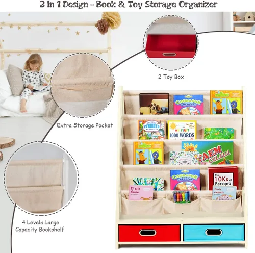 Miniatura 4 de HONEY JOY Estante para libros para niños con 2 contenedores de almacenamiento, estantería de madera para niños pequeños con 4 estantes de Beige