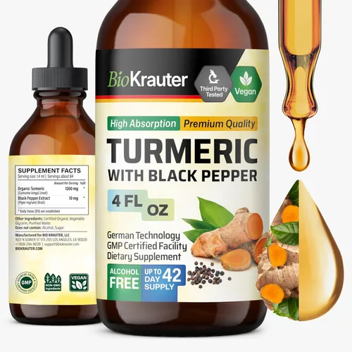 BIO KRAUTER® Suplemento de cúrcuma para el apoyo de la movilidad, curcumina vegana pura con pimienta negra, 4 onzas líquidas, 42 días de suministro,