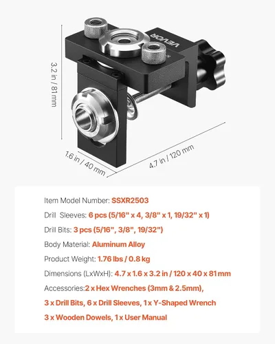 Miniatura 7 de VEVOR Kit de plantilla de taco, plantilla de taco autocentrada para agujeros rectos, herramienta de juntas de carpintería de aleación de aluminio