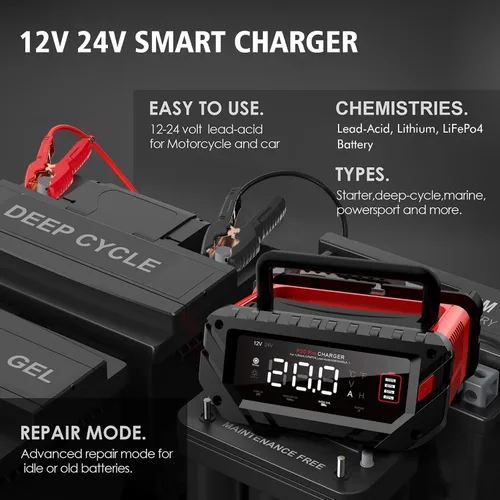 Miniatura 2 de Cargador de batería de coche de 20 amperios, cargador automotriz inteligente de 12 V/24 V, mantenedor de batería, cargador de goteo para automóvil