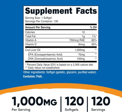 Miniatura 2 de Nutricost Aceite de hígado de bacalao 1000 mg, 120 cápsulas blandas, sin OMG y sin gluten