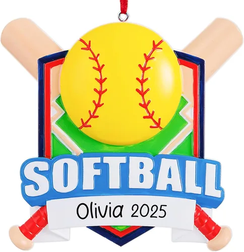 Adorno de Navidad personalizado de sóftbol 2025 | Decoración de árbol de Navidad de murciélagos de sóftbol y bola para niñas y niños | Regalo de