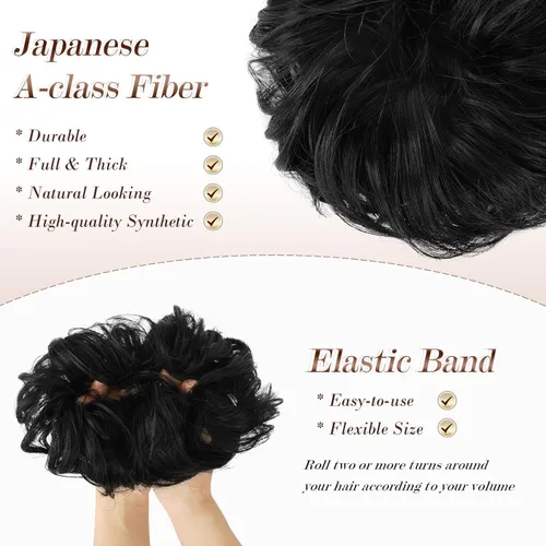 Miniatura 3 de FESHFEN Pieza de Cabello de Moño Desordenado - Extensiones de Coletas Elásticas Onduladas Rizadas con Moño Sintético Chignon para Mujeres y Niñas