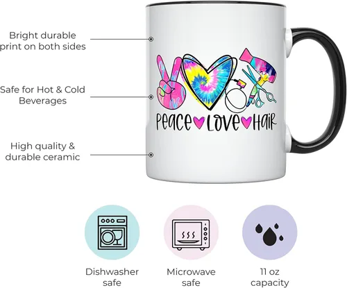 Miniatura 2 de YouNique Designs Peace Love - Taza de café para estilista, 11 onzas, taza para peluquería para mujer (mango negro)