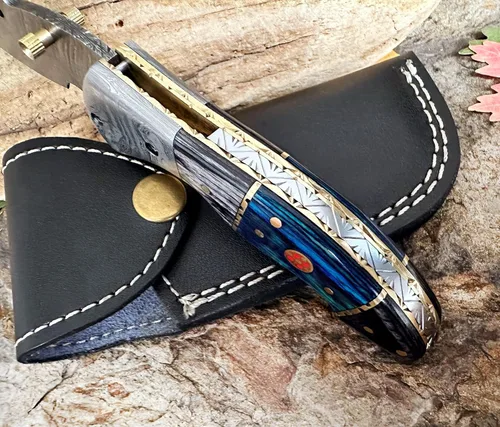 Miniatura 4 de Cuchillo de Bolsillo de Acero de Damasco para Hombres con Funda de Cuero, Cuchillos de Caza Plegables Hechos a Mano de 7 Pulgadas, Mango - Cuchillo