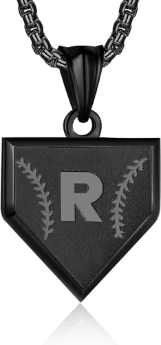 Miniatura 44 de Collar con inicial de la A a la Z para niños, de acero inoxidable, con dije de escudo de letra, cadena de 22 + 2 pulgadas, inspirador de béisbol