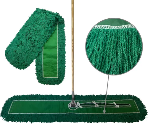 Miniatura 9 de Kit de trapeador industrial para polvo, incluye cabezal de trapeador de bucle cerrado trenzado azul de 48 pulgadas, mango de madera y marco