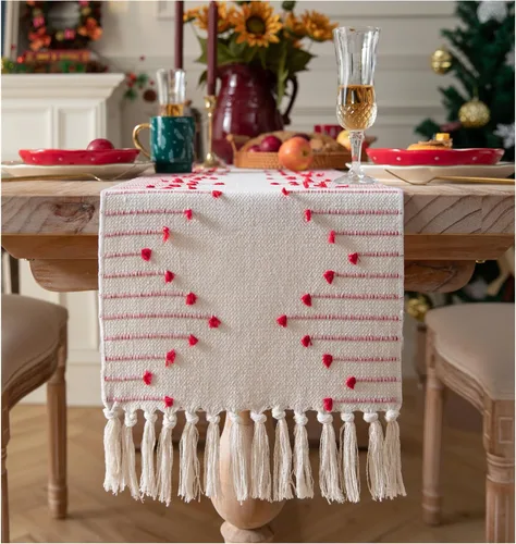 Camino de Mesa Navideño de 13 x 108 Pulgadas de Largo, Algodón Natural Tejido con Borlas para Decoraciones Navideñas del Hogar y Comedor, para Rojo