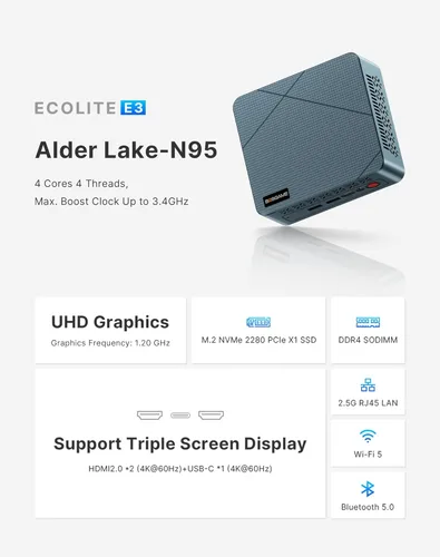 Miniatura 2 de BOSGAME Mini PC E3 Neo, Alder Lake N95 Mini computadoras USB-C con todas las funciones, RAM DDR4 de 16 GB, SSD NVMe de 512 GB, pantalla triple 4K
