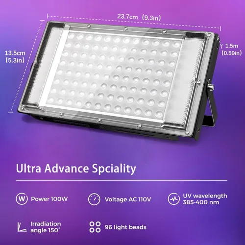 Miniatura 4 de Luz LED negra de 100 W, luz de inundación UV de 385 nm con enchufe e interruptor, luces negras impermeables IP66 para grandes espacios, fiestas