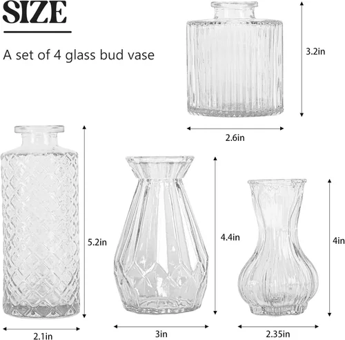 Miniatura 2 de Juego de 4 jarrones de cristal para brotes, pequeños jarrones de flores transparentes vintage como centros de mesa para mesa a granel, lindos mini