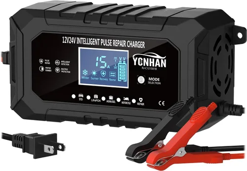 YONHAN Cargador de Batería de 15 Amperios LiFePO4 Cargador de Batería de Coche de Carga Lenta 12V 24V Cargadores de Batería Inteligentes Totalmente