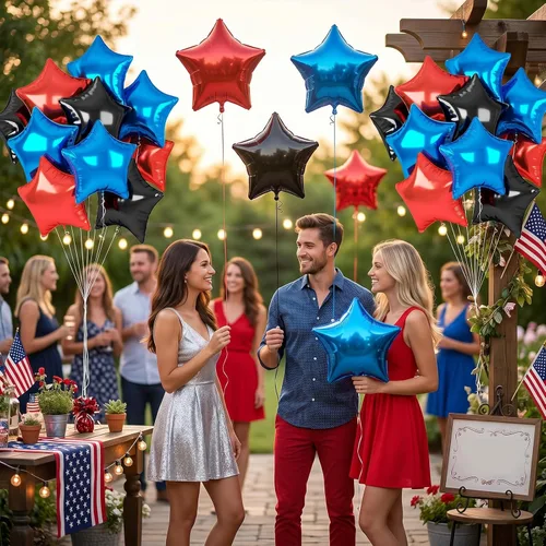 Miniatura 5 de Globos de estrellas rojas, azules y negras, globo de papel de aluminio de 18 pulgadas para helio, paquete de 10 globos rojos y azules, globo de Negro