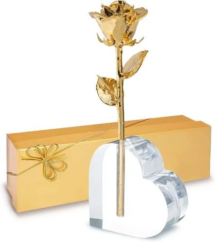 Forever Rose Rosa real bañada en oro de 24 quilates, hecha a mano, flor preservada de larga duración en corazón acrílico (una rosa) y caja dorada,