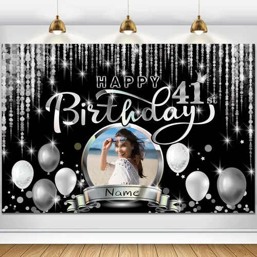 Miniatura 111 de Cartel de decoración de feliz cumpleaños número 100 personalizado - Personalización disponible - Negro y plateado - Tamaño grande - Admite fotos
