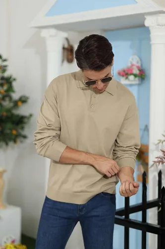 Miniatura 3 de Polo de punto casual para hombre, camisa clásica de manga larga, térmica, básica, con botones