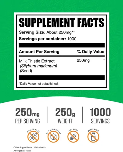 Miniatura 2 de BulkSupplements. com Polvo de extracto de cardo mariano, suplemento de hierbas, suplemento de cardo mariano, sin gluten, 250 mg por porción, 250 g