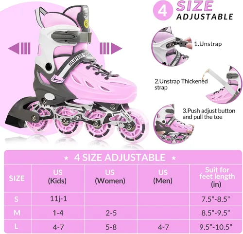 Miniatura 3 de SUPER YOUNGSTER Patines en línea ajustables para niños y niñas de 4 a 12 años con ruedas iluminadas, patines en línea para niños y niñas Rosa