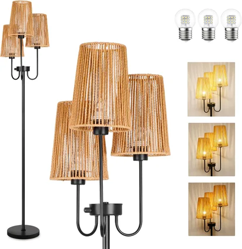 Miniatura 9 de Lámpara de pie de ratán para sala de estar, lámpara de pie de granja de 3 luces con pantallas de ratán, lámparas altas rústicas de 65 pulgadas