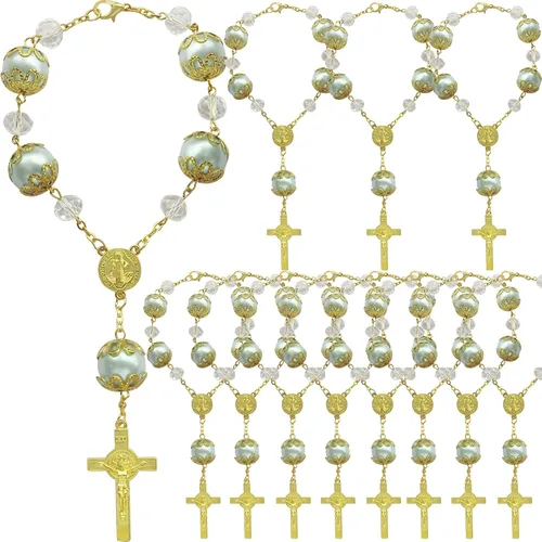 Miniatura 7 de Rosario de la década de la década de perlas de imitación azul, 12 unidades, para bautizo/bautizo/boda/recuerdos de membrillo mis / bautizo