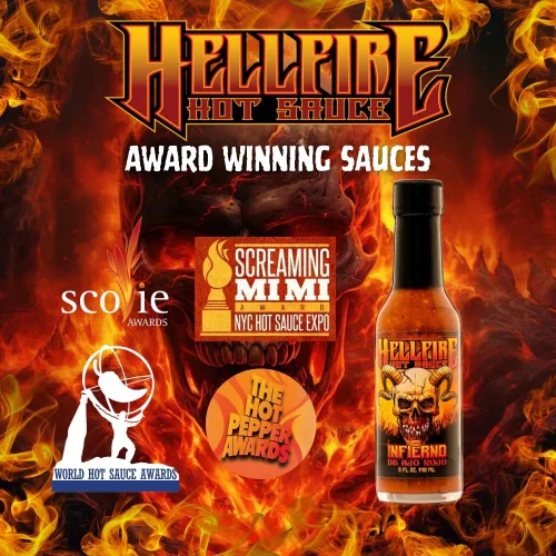 Miniatura 7 de Hellfire Hot Sauce Infierno De Ajo Rojo - Salsa picante gourmet de salsa roja con ajo y pimientos Carolina Reaper, 5 onzas