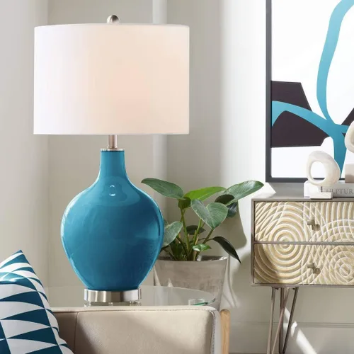 Miniatura 12 de Color + Plus Lámpara de mesa moderna de 28.5 pulgadas de alto, cristal azul Mónaco OVO blanco con pantalla de tambor de lino para sala de estar