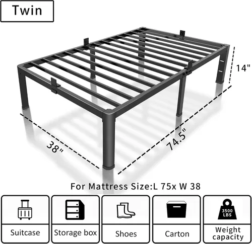 Miniatura 3 de ROIL Marcos de cama de 14 pulgadas para cama individual con agujero para cabecero y patas de esquinas redondas, con sujetadores de colchón, listones