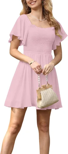 Ophestin Vestido corto casual de verano para mujer, de color liso, manga corta, con volantes, fruncido