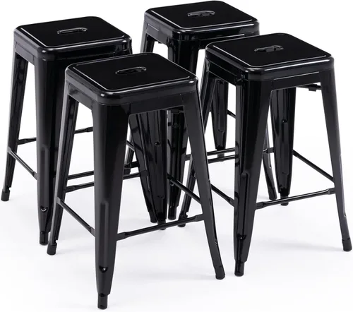 Miniatura 18 de Vogue Furniture Direct 24" Taburetes de bar de metal sin respaldo negros para interiores/exteriores, altura para encimera con asiento cuadrado