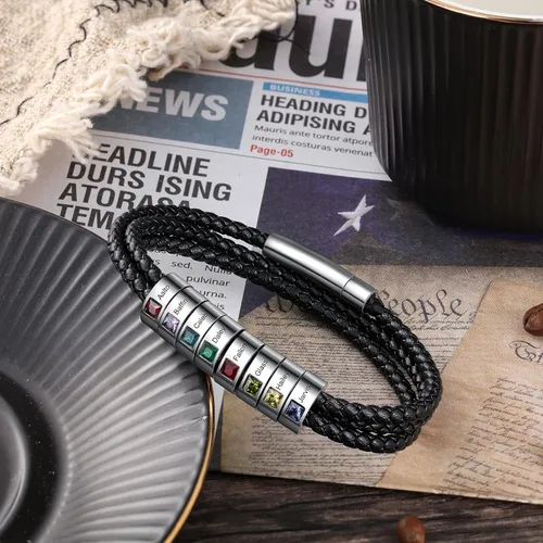 Miniatura 14 de Pulsera personalizada para el Día del Padre para hombre, pulseras personalizadas de cuero trenzado negro con cuentas grabadas de 1 a 8 nombres