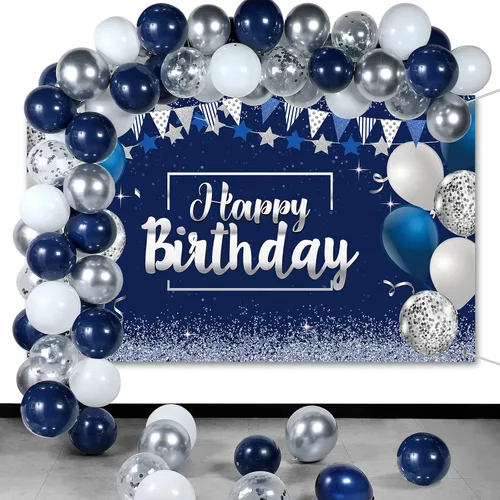 Miniatura 9 de Kit de globos de confeti de cumpleaños azul marino, 50 piezas de telón de fondo de fotografía para niños, niñas, hombres y mujeres, suministros
