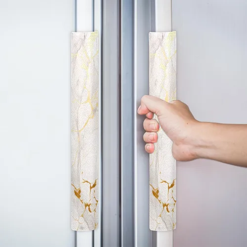 Miniatura 2 de Paquete de 2 fundas para manijas de refrigerador con estampado de mármol blanco dorado para electrodomésticos de cocina, juego de 2 fundas lavables