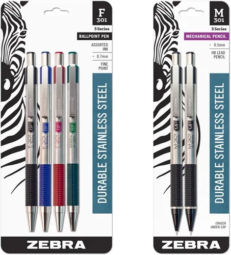 Zebra Pen F-301 Bolígrafo retráctil, barril de acero inoxidable, punta fina, 0.028 in, tinta surtida, paquete de 4 y lápiz mecánico M-301, barril de