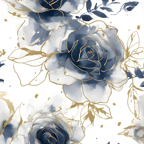 Papel Tapiz Floral Blanco Despegar y Pegar Acuarela Azul/Dorado Flores Papel de Contacto Papel de Pared Moderno Impermeable Autoadhesivo