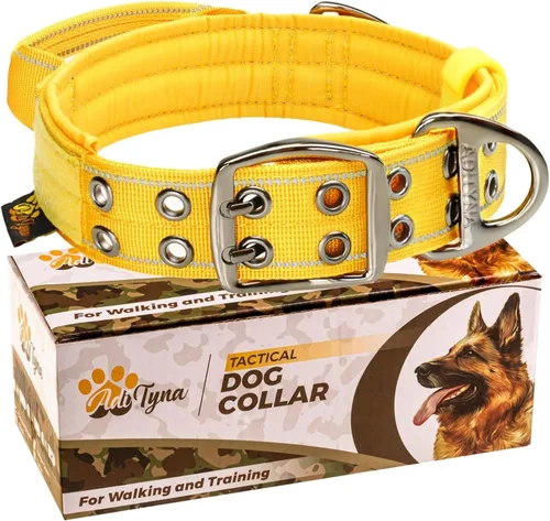 ADITYNA Collar para Perros de Servicio Pesado para Perros Grandes - Collar Amarillo Reflectante con Asa para Entrenamiento y Caminata - Ancho,
