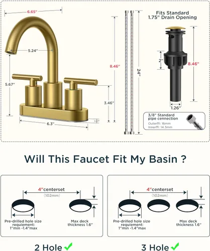 Miniatura 8 de FORIOUS Juego central de grifo de baño dorado cepillado de 4 pulgadas, 2 manijas y 2 agujeros dorados para tocador de baño con metal emergente