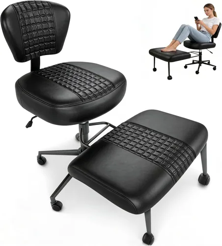 Silla cruzada con ruedas, silla de oficina ergonómica de PU con patas cruzadas, silla de meditación giratoria de 360° en altura ajustable con