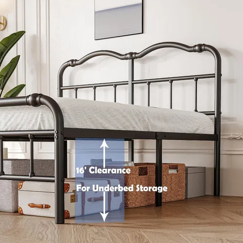 Miniatura 6 de Breezehome Base de cama tamaño Queen con cabecero, 18 pulgadas de alto, marco de cama de plataforma de metal resistente, sin ruido, fácil montaje