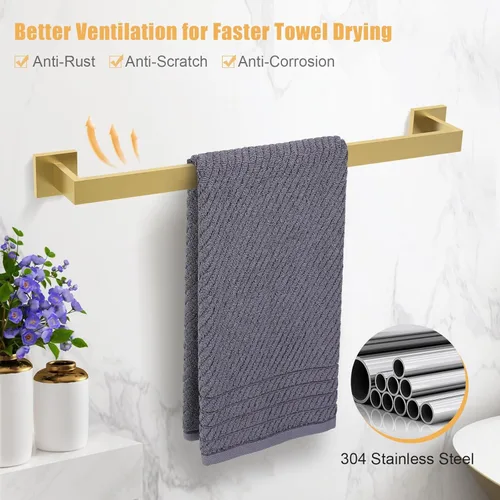 Miniatura 2 de TURS Juego de accesorios de baño de 5 piezas de acero inoxidable cepillado dorado para toallero, montaje en pared, Q7LSJ-P5 Oro cepillado