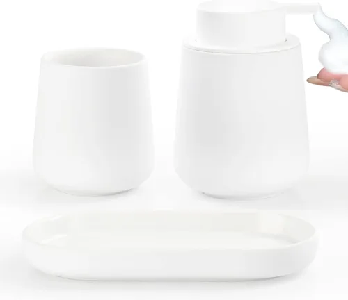 Miniatura 12 de BosilunLife Juego de accesorios de baño 3 piezas - Juego de dispensador de jabón con espuma de cerámica para baño, decoración de baño estilo casa